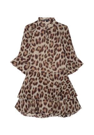 Leopardenmuster-Kleid mit hohem Ausschnitt, langen, ausladenden Ärmeln und mehrlagigem Volant-Saum. Hergestellt aus leichtem Stoff in Beige- und Brauntönen.