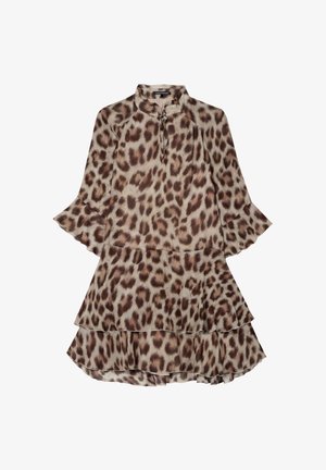 Leopardenmuster-Kleid mit hohem Ausschnitt, langen, ausladenden Ärmeln und mehrlagigem Volant-Saum. Hergestellt aus leichtem Stoff in Beige- und Brauntönen.