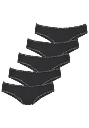 Black panties with lace trim, featuring a seamless design and soft texture. Five identical pieces shown stacked in a zigzag arrangement.