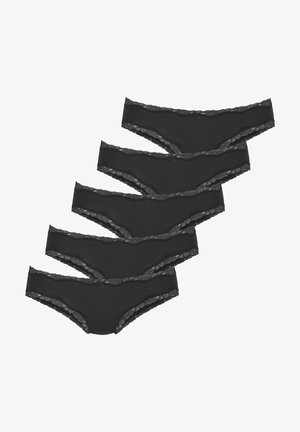 Black panties with lace trim, featuring a seamless design and soft texture. Five identical pieces shown stacked in a zigzag arrangement.