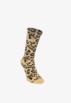 Calzino beige con motivo leopardato nero e marrone scuro, mostrato in posizione verticale su sfondo bianco.