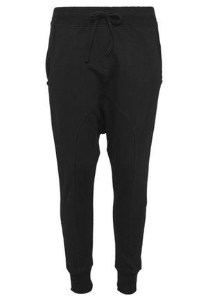 Pantalones de chándal negros de mezcla de algodón, con cintura ajustable con cordón, puños acanalados y bolsillos laterales. Textura suave y corte ajustado.