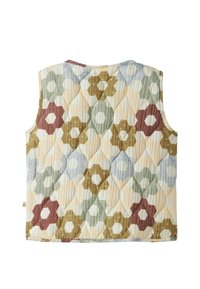 Ruuduline vest ilma varrukateta, kuusnurkade lillemustriga summutatud rohelises, pruunis, sinises ja beežis toonides helel taustal.