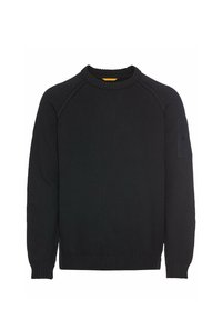 Schwarzer Strickpullover mit Rundhalsausschnitt, gerippten Bündchen und Saum. Verfügt über eine aufgesetzte Tasche mit Knopfdetail am linken Ärmel. Weiche Textur.