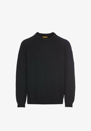 Black knit sweater with a round neck, ribbed cuffs, and hem. Features a patch pocket with button detail on the left sleeve. Soft texture.