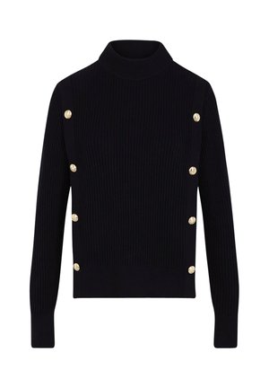 Pull en col roulé côtelé de couleur marine avec des boutons dorés sur le côté gauche. Design ajusté avec des manches longues et une longueur cropped.