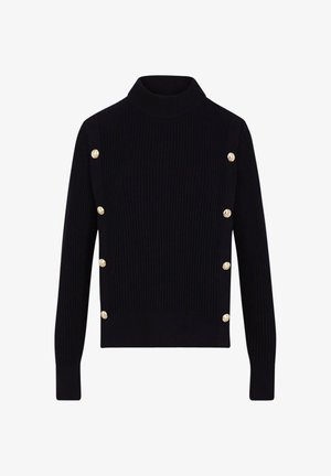 Pull en col roulé côtelé de couleur marine avec des boutons dorés sur le côté gauche. Design ajusté avec des manches longues et une longueur cropped.