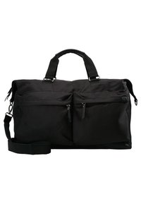 Sac de sport noir en tissu avec deux poignées supérieures et une bandoulière amovible. Comprend deux poches zippées à l'avant et une forme rectangulaire.