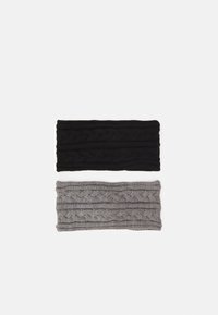 Two knitted headbands: one black and one gray. Each features a cable knit pattern with textured detailing.