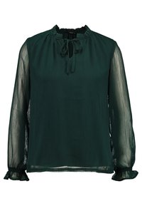 Blusa verde scuro realizzata in tessuto leggero e fluido. Presenta un colletto arricciato, un'apertura a oblò e maniche lunghe trasparenti con polsini elasticizzati.