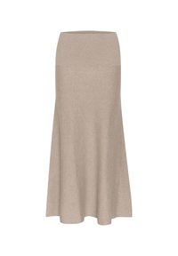 Šviesiai ruda, kelių ilgio sijonas, pagamintas iš minkštos, tamprios medžiagos. Turi aukštą liemenį ir platėjančią siluetą. Lygus paviršius, nematomi raštai.