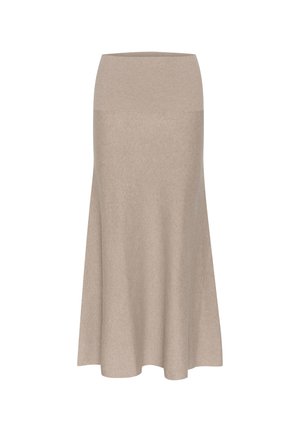 Jupe beige mi-longue en tissu doux et extensible. Présente une taille haute et une silhouette évasée. Texture lisse, sans motifs visibles.