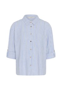 Koszula z długim rękawem w pionowe paski w kolorze jasnoniebieskim i białym, z podwiniętymi rękawami i kieszenią na piersi po lewej stronie.