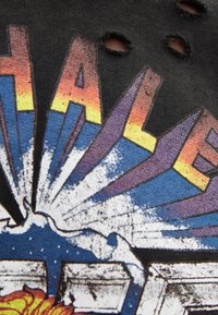 Svart tyg med färggrafisk text "HALE" i retrostil, med två slitna hål nära toppen av bokstäverna.