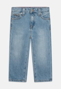Light blue denim jeans with a classic five-pocket design, straight legs, and a button closure. Features subtle fading and contrast stitching.