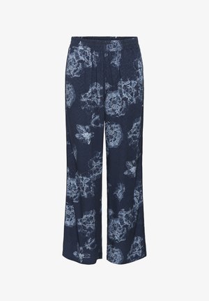 Navy-Hosen mit einem elastischen Bund, ausgestattet mit einem floralen Muster in Hellblau. Hergestellt aus leichtem Stoff mit einem weiten Bein-Design.