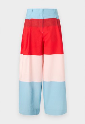 Weit geschnittene, hoch taillierte Hose mit horizontalen Farbbalken in Hellblau, Rot, Blassrosa und Hellblau von oben bis zum Saum.