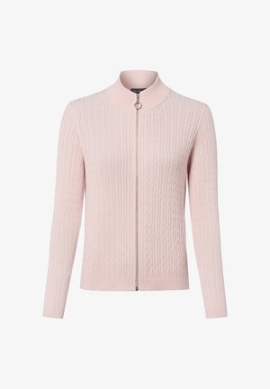 Light pink, long-sleeve knit cardigan with cable pattern and silver zipper featuring a round ring pull at the high collar.