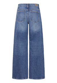 Jeans in denim blu a gamba larga con lavaggio medio, design a cinque tasche e vita dritta con etichetta a patch sul retro.