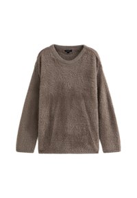 Bruine fuzzy trui met lange mouwen, ronde halslijn en zachte textuur. Heeft een eenvoudig, ontspannen ontwerp zonder zichtbare sluitingen of patronen.