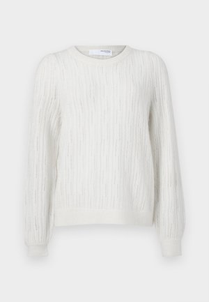 Maglione bianco lavorato a maglia con un motivo testurizzato, scollatura rotonda e maniche lunghe. Presenta polsini e orlo a coste. Tessuto morbido.