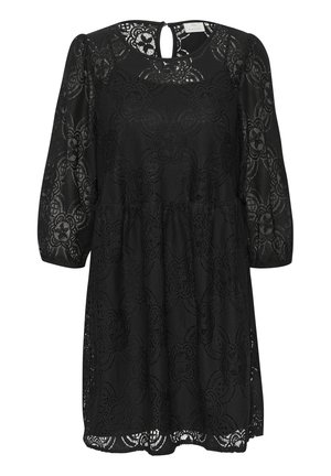 Fekete csipkés ruha, kerek nyakkivágással, háromnegyedes ujjakkal, virágmintával, behúzott derékkal és hátul kulcslyuk részlettel.