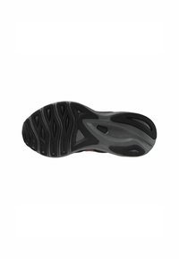Schwarze Sportschuhsohle aus strukturiertem Gummi, mit Rillen und Erhebungen für besseren Halt. Zu den Merkmalen gehören eine graue Zwischensohle und ein markantes Profil.