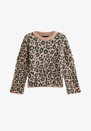 Trui met luipaardprint in lichtroze met donkergroene en zwarte vlekken. Gebreide textuur met een ronde hals en lange mouwen.