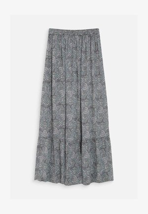 Gonna lunga con elastico in vita, caratterizzata da un motivo paisley dettagliato in tonalità di blu, grigio e nero su tessuto leggero.