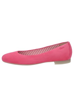 Rosa Wildlederslipper mit abgerundeter Spitze und gestreiftem Textilinnenfutter. Flache Gummisohle für Komfort und Stabilität.