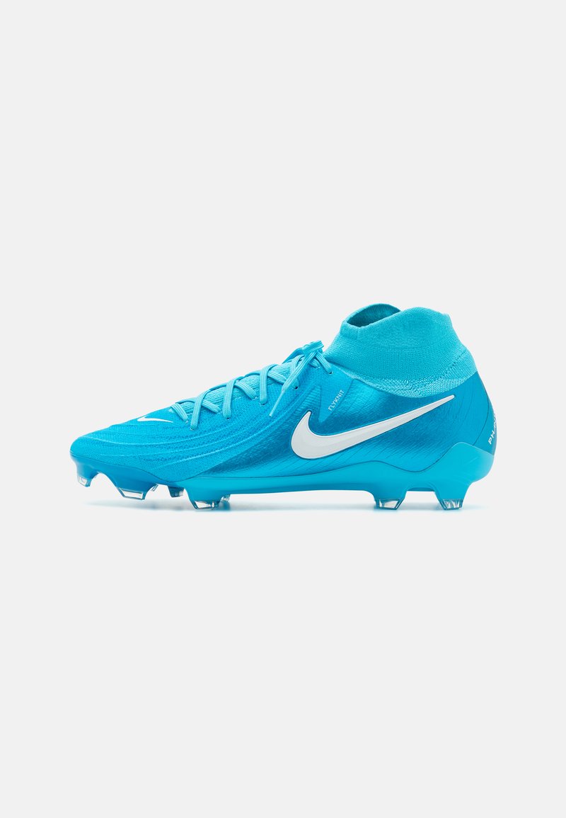 Türkiis jalgpallikets, millel on sobituv pahkluu krae, tekstureeritud ülemine osa, valge Nike logo ja moodustatud naelad haardeks.