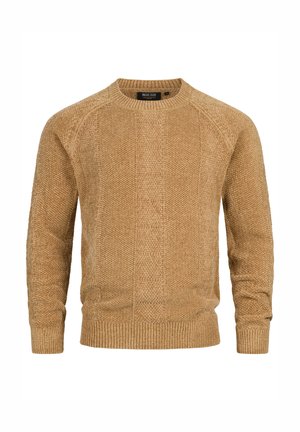 Maglione a girocollo lavorato a maglia color cammello con motivo testurizzato, maniche lunghe e polsini e orlo a costine.