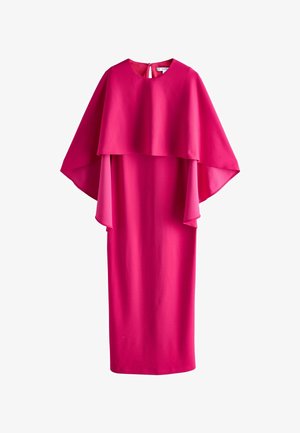 Fuchsia Kleid mit einem geschichteten Umhangdesign, rundem Ausschnitt und einem Schlüsselspalt-Rückendetail. Hergestellt aus glattem Stoff, hat eine gerade Silhouette.