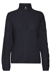 Dark navy knitted sweater with a high collar, featuring a zipper closure and cable knit pattern, showcasing ribbed texture and long sleeves.