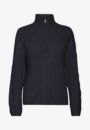 Pulover tricotat de culoare bleumarin închis, cu guler înalt, având închidere cu fermoar și un model de tricotaj în coarde, evidențiind o textură cu nervuri și mâneci lungi.