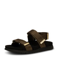 Brown fabric sandals with two wide straps, black cushioned footbed, textured detailing, and gold-tone hardware accents. Lightweight sole.