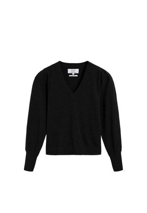 Suéter negro de cuello en v con mangas largas abullonadas, puños acanalados y un corte relajado. Fabricado con una tela suave de textura lisa.