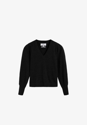 Schwarzer V-Ausschnitt-Pullover mit gepufften langen Ärmeln, gerippten Säumen und lockerer Passform. Hergestellt aus weichem Material mit glatter Textur.