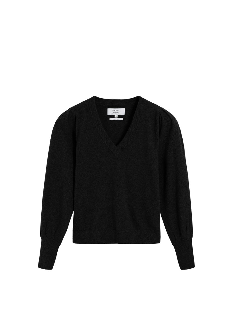 Suéter negro de cuello en v con mangas largas abullonadas, puños acanalados y un corte relajado. Fabricado con una tela suave de textura lisa.