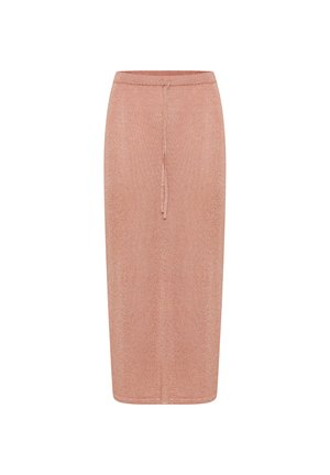 Rožinė megzta midi sijonas su raišteliu juosmenyje, turintis tekstūruoto audinio raštą, tiesią formą ir kulkšnių ilgio dizainą.