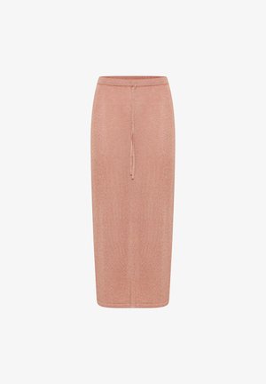 Roze gebreide midi-rok met een trekkoordtaille, gekenmerkt door een textuurpatroon, rechte vorm en enkel-lange ontwerp.