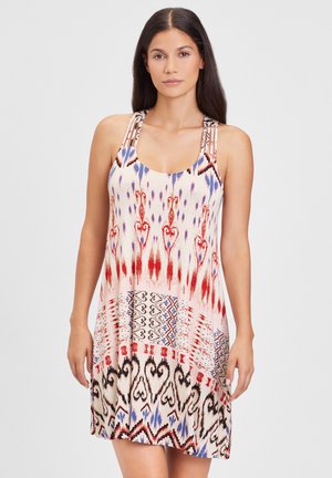 Ärmelloses Kleid mit V-Ausschnitt, das mehrfarbige Muster aus Herzen, Streifen und abstrakten Designs in Rot, Blau und Creme zeigt.