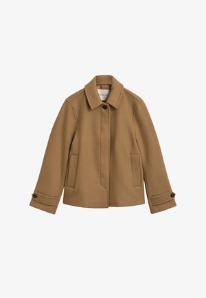Brown, wool blend jacket with a straight cut, a collar, two front pockets, and buttoned cuffs. Features a subtle texture and clean lines.