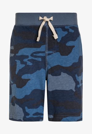 Blå og sort camouflageprint shorts med en grå elastisk talje og en hvid snor bundet i en sløjfe foran i midten.
