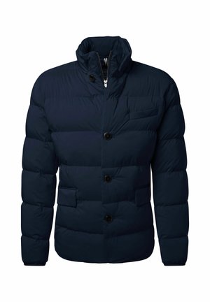 Dunkelblaues Steppjacke mit hohem Kragen, vorderem Knopfverschluss, zwei Fronttaschen und gestepptem Stoff. Verfügt über ein sauberes, strukturiertes Design.