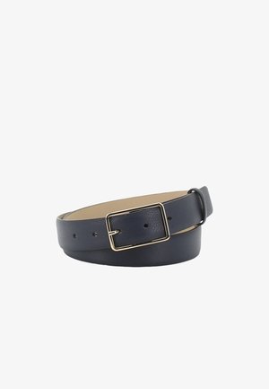 Navy blue leather belt with a textured finish, featuring a silver rectangular buckle and multiple notches for size adjustments.