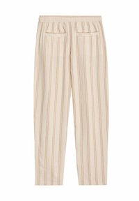 Pantalons beige clair avec des rayures horizontales de couleur beige. Dispose d'une taille élastique et de deux poches arrière, fabriqués en tissu doux.