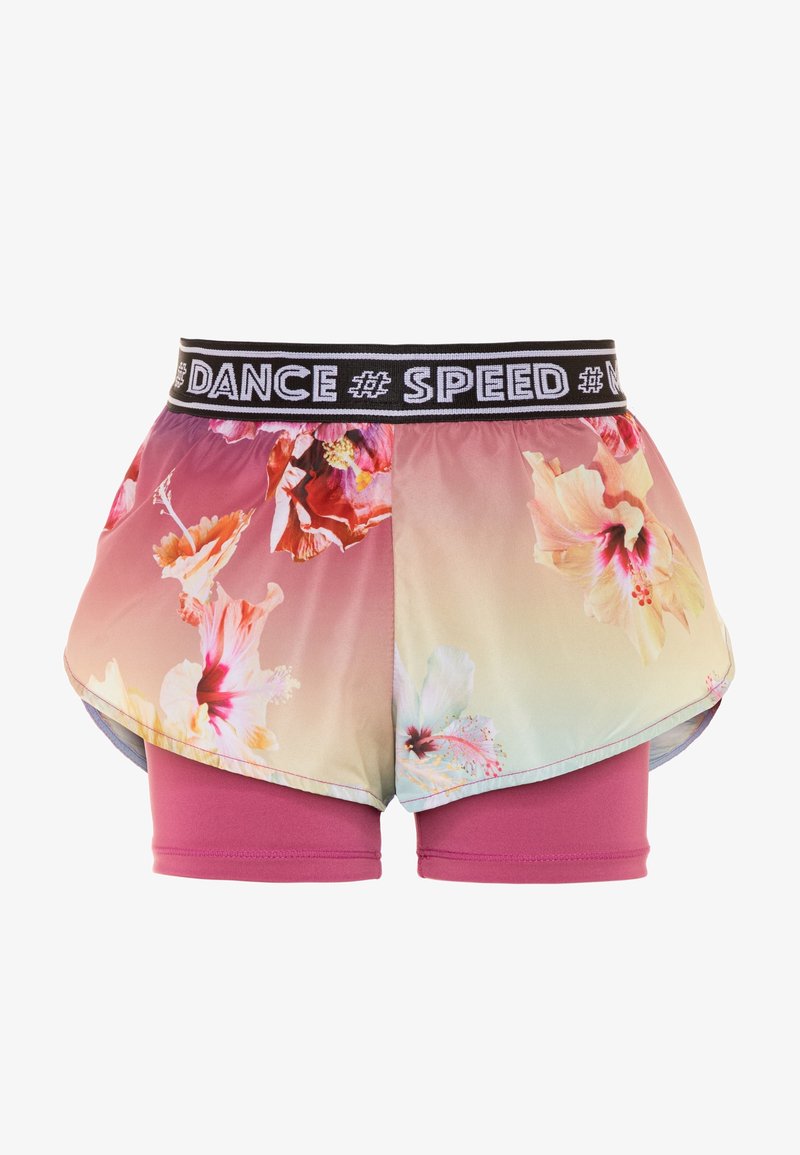 Shorts taille haute à imprimé floral avec taille élastique noire "DANCE # SPEED" ; présente un dégradé de couleurs rose et pâles, superposé à un short rose.