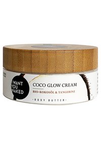 Ronde container van bodybutter met een bamboedeksel. Het etiket toont de productnaam "Coco Glow Cream" en de ingrediënten, met een witte achtergrond en zwarte tekst.