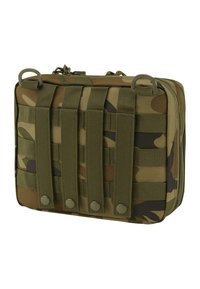 Pungă utilitară de camuflaj, fabricată dintr-un material durabil, cu curele din plasă și butoane, având o formă rectangulară și mânere consolidate.